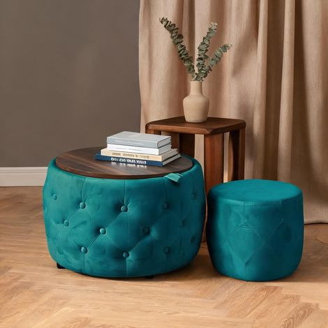 Pouf rond en velours bleu avec rangement et plateau en bois (1/5)