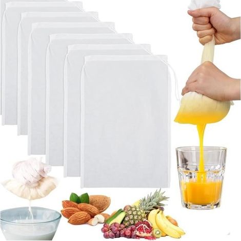 6 Sac a Lait Vegetal20x30cm Réutilisables Mousseline Alimentaire - En nylon bio - Avec Cordon de SerrageCheese Cloth Pour Fromage (1/4)