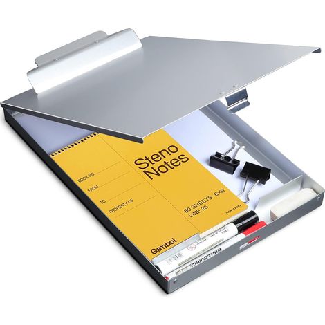 Porte-bloc en métal avec support de rangement - Classeur en aluminium avec boîte à clip haute capacité - Loquet autobloquant - 35,6 x 23,5 cm (1/5)