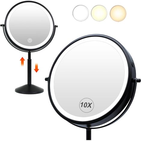 Specchio da trucco ingranditore 10x da 23 cm con luce LED ricaricabile, altezza regolabile, specchio da barba autoportante, specchio da scrivania nero con rotazione a 360°. (1/4)