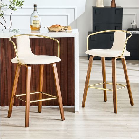 Lot de 2 tabourets de bar avec accoudoirs, tissu teddy, pieds en bois, blanc (1/5)