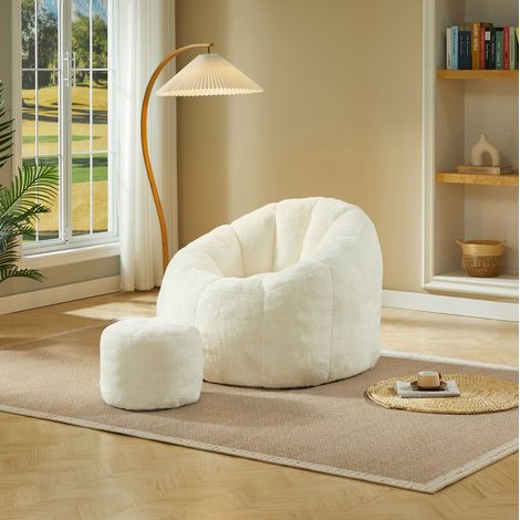 Sillón puf con reposapiés, 105 x 105 x 70 cm, felpa imitación conejo, blanco roto HAVRYA (1/5)