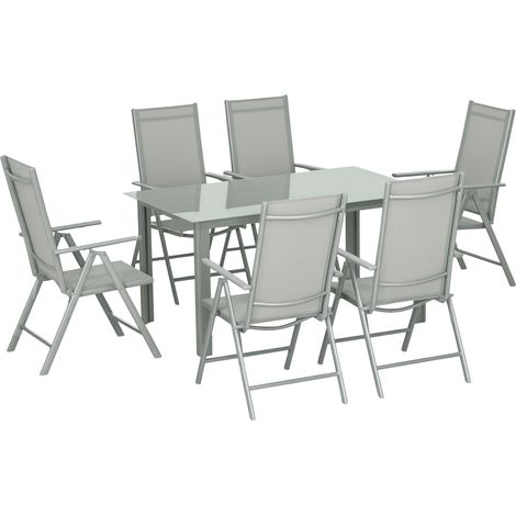 Outsunny 7 Piece Garden Dining Set, Outdoor Table and 6 Folding and Reclining Chairs, Aluminium Frame, Tempered Glass Top Table, Texteline Seats, Grey