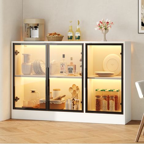 Meuble vitrine LED 120x30x73 cm avec porte en verre gris, fermeture douce, panneau de particules blanc (1/5)