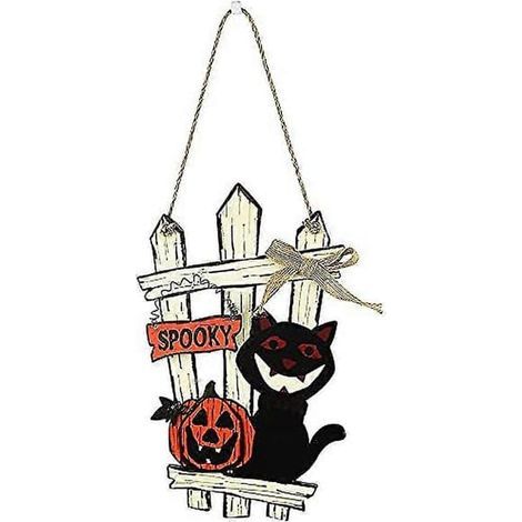 Décoration de porte Halloween 2025 : citrouille en bois, chat noir, panneau de bienvenue, guirlande, citrouille à suspendre, publicité pour une fête d'Halloween en intérieur ou extérieur. (1/4)