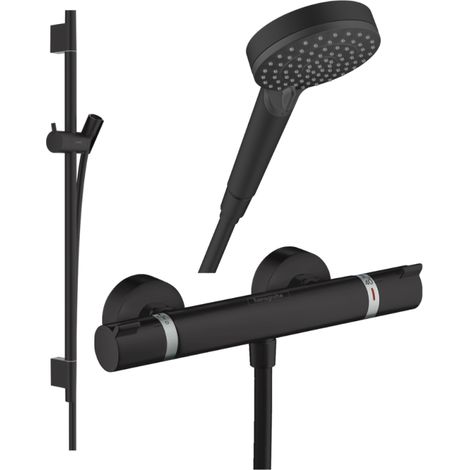 Pack mitigeur douche thermostatique HANSGROHE Ecostat Comfort + Barre Unica S Puro + flexible+ Pommeau Vernis Blend Vario noir mat