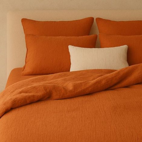 1 Taie d'oreiller 50x70 cm, Double gaze de coton lavé, Toucher ultra doux, Coloris safran, Pour chambre (1/4)