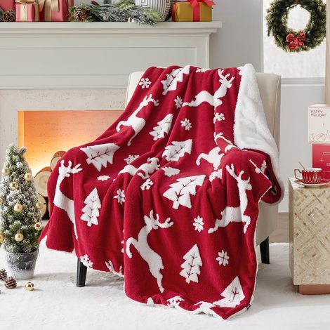 Plaid de Noël pour femme - Couverture chaude à motif d'élan rouge, 127 x 152 cm, cadeau de Noël festif (1/5)