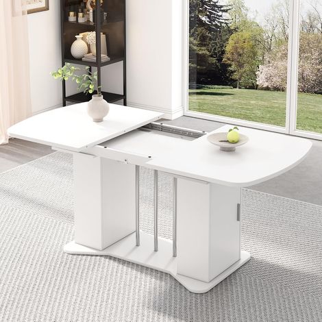 Table à Manger Extensible avec Rangement et Pieds en Métal Argenté, Plateau MDF Blanc, 4 à 6 Personnes, 160 x 80 x 75 cm – Blanc (1/5)