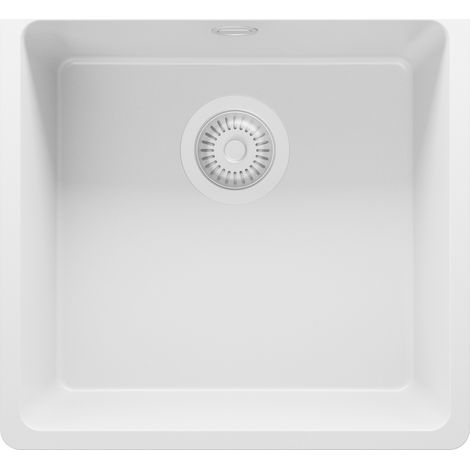 PRIMAGRAN Evier Cuisine en Granit 46x44cm, Lavabo 1 bac + Kit de Vidage, Évier à Encastrer au meuble 50cm - Venise Slim Easy, Tout Blanc (1/5)