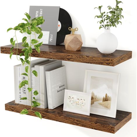 Lot de 2 étagères murales en Bois Marron Vintage - 60 cm étagère Flottante, 23,5 cm de Profondeur en Bois MDF - pour Cuisine, Bureau, Salle de Bain, Chambre et Salon (1/5)