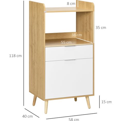 Meuble pour micro-ondes en aggloméré (avec étagère supérieure, tiroir coulissant et placard), 58 x 40 x 118 cm (1/5)