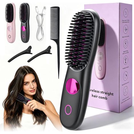 Portable Brosse Lissante pour Cheveux, Mini Brosse Lissante Sans Fil, 3 Réglages De Température, Multifonctionnel Céramique Peigne Lissant une, Quotidien et en Voyage (Noir) (1/5)
