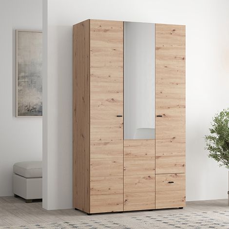 Guardarropa 3 Puertas Serram, Armario Dormitorio con Perchero, un Cajón, 4 Estantes, 117x52 cm Roble Nudos Marrón (1/5)