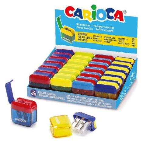 Carioca Expositor con 24 Minisacapuntas de 2 Orificios con Deposito
Características:
-Sacapuntas para lápices y ceras de diferentes diámetros.
-Sacapu