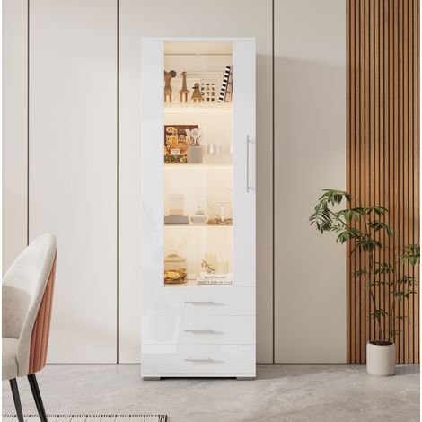 Vitrine 60x35x180 cm Weiß aus MDF mit LED-Beleuchtung, Hochglanzfront, Acryl-Tür und 3 Schubladen (1/5)