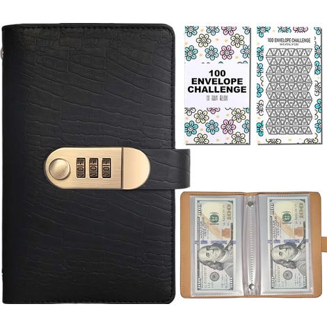 Classeur d'épargne avec cadenas à code, similicuir PU noir, pochettes recto-verso, format standard (1/5)