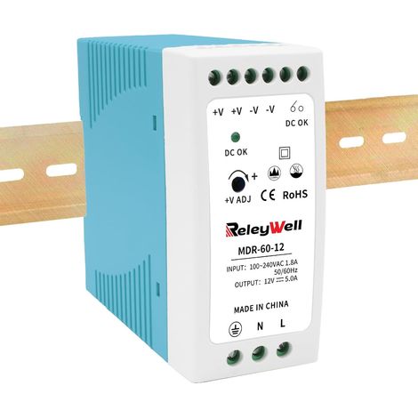 Alimentation pour Rail DIN 12V, 60W, 5A transformateur 230v vers 12v LED, Rail DIN, Alimentation 12 Volts, transformateur de Sonnerie, MDR-60-12 (1/5)
