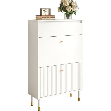 Armoire à chaussures étroite avec compartiments rabattables, meuble d'entrée avec tiroir, façade ondulée, rangement à chaussures debout, meuble en MDF avec pieds métalliques cylindriques (1/5)