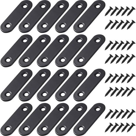 Gerade flache Befestigungshalterung, gerade flache Metallhalterungen mit Schrauben für die Reparatur von Holzmöbeln, Schränken, 50 x 16 mm, Schwarz, 20 Stück