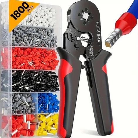 AWG 23-7 Pince à Sertir, avec Cosse Electrique 1800pcs, 0.25-10mm² Pince a Sertir, Cliquet Auto-Adjuvsable, Sertissage Précis, pince à sertir, kit d'embouts de câble