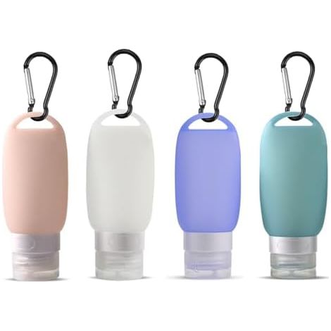 4 Pièces Flacons de Voyage en Silicone de 60 ml, Contenant Vide Voyage Récipients Rechargeables Bouteille Étanche Flacons Souples avec Mousqueton pour Shampoing/Gel Douche/Gel (1/5)