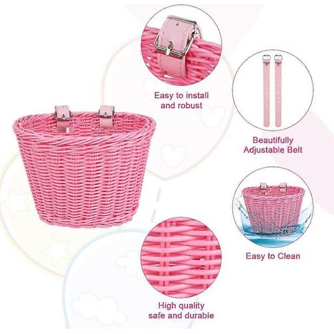 Panier de vélo enfant tissé à la main, rose, compatible avec les vélos pour garçons et filles. (1/2)