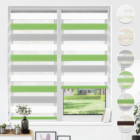 Store Enrouleur Jour Nuit - 1 Unité - Polyester Double Tissu - Réglage Lumière Sans Perçage - Salon Bureau Chambre - 60x120 cm Vert-Gris-Blanc (1/5)