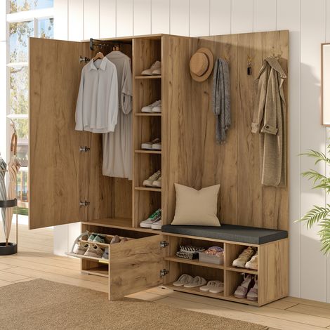 Conjunto de almacenamiento para recibidor, armario de pared con zapatero, barra extensible para colgar ropa, 4 ganchos, espejo y banco para zapatos, negro + natural, 160×38×180cm (1/5)
