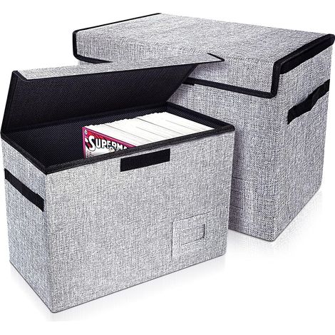 Lot de 2 boîtes de rangement robuste et pliable, 39,4 x 19,1 x 28,7 cm avec couvercles pouvant contenir 150 bandes dessinées, gris (1/5)