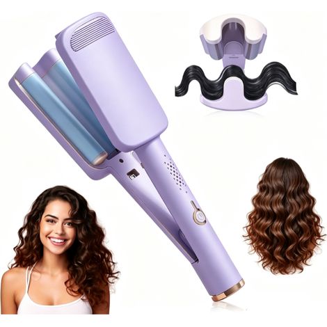 Fer à boucler professionnel 32 mm Deep Waves, 3 têtes, effet plage, température réglable de 160 °C à 220 °C, 4 niveaux de chaleur pour des ondulations sans frisottis, convient aux cheveux longs et cou (1/5)