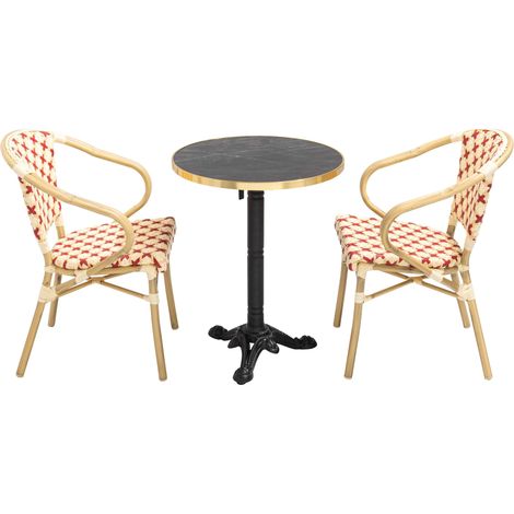 Ensemble table de terrasse marbre noir et 2 chaises rouge