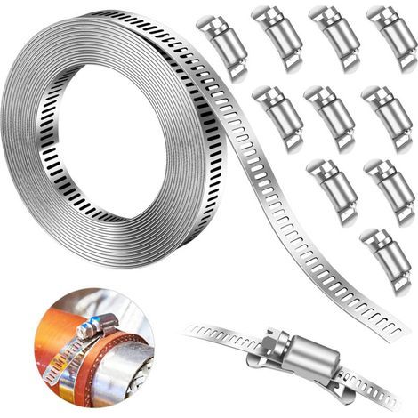 [JAMAIS UTILISÉ] 5m Collier de Serrage Inox avec 10 Pièces Fixation, Kit de Colliers de Serrage Réglable, pour Tuyaux, Gaz, Eau, Voiture, Machine à Laver, Jardin (1/4)