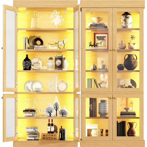 Vitrine Haute avec Éclairage LED Multicolore Réglable et Étagères Réglables, en MDF et Verre, Bois Naturel (1/5)