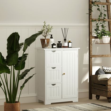 Armoire de salle bain, Commode, 3 tiroirs, Étagère, MDF, Blanc (1/5)