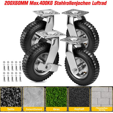 Lot de 4 Ø 220 mm Roulette Pivotantes Gonflable+ Roulette à frein, Charge 300Kg max, 360° Roues Pneumatiques, pour Manutention et Transport