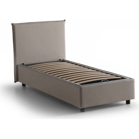 Talamo Italia Letto singolo Cira, Letto contenitore con rivestimento in tessuto, 100% Made in Italy, Apertura frontale, adatto per materasso Cm 90x200, Tortora, con imballo rinforzato
