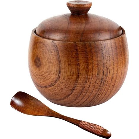 Saliera in legno con coperchio e cucchiaio rotondo per zucchero e spezie, contenitore rotondo per spezie da cucina - Crezuo