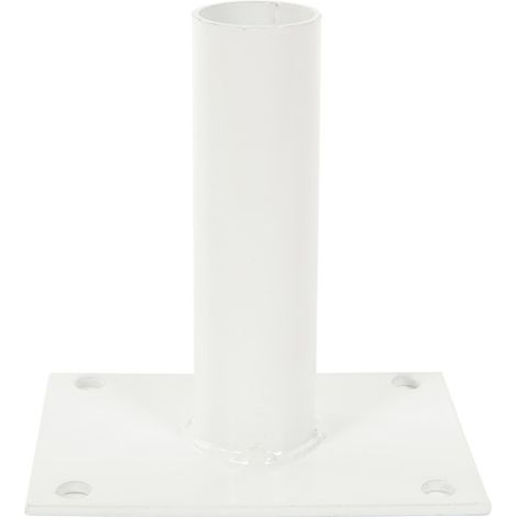 Platine blanche pour poteau rond de portillon grillagé – Acier thermolaqué – Dimensions base 10 x 15 cm – Fixation béton – Vendu à l'unité – Filiac