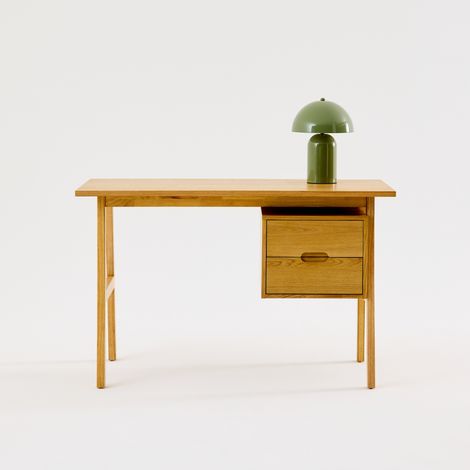sweeek - Bureau bois d'hévéa et placage chêne 2 tiroirs naturel - Alana (1/5)