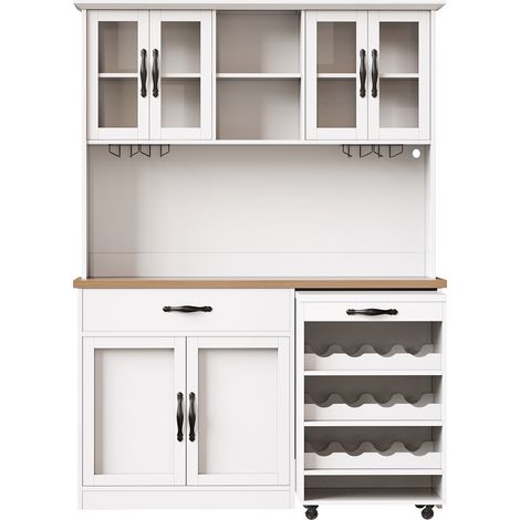 GagaMeuble de cuisine 140 cm avec chariot, armoire haute avec éclairage LED, porte-verres et casier à vin, buffet pour salon/salle à manger (1/5)