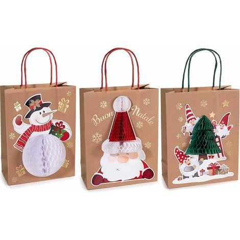 Sachets de Noël taille moyenne en papier kraft à poignées, motifs de Noël et décors 3D, set de 24