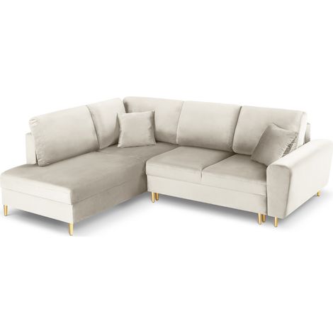 Canapé d'angle convertible + box 5 places en velours beige clair (1/5)