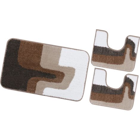 Tappeto Bagno Scendiletto Pelo Raso Morbido Assorbente Antiscivolo Lavabile Set 3 Pezzi - Marrone (1/4)