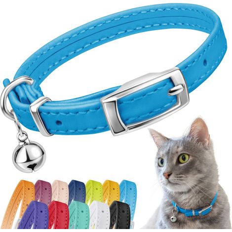 Collier pour chat en cuir véritable avec grelot amovible – Sangle élastique de sécurité (amovible) (1/5)