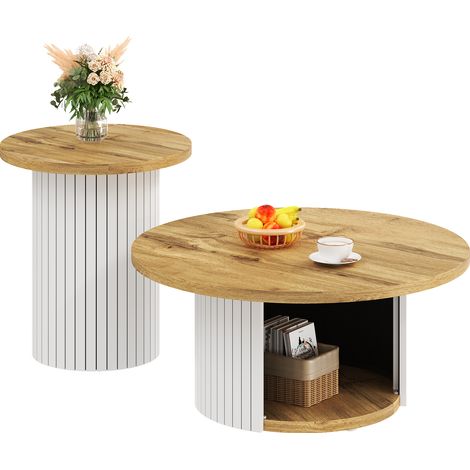 Table basse ronde double 2 en 1 - Plateaux bois naturel, multifonctionnelle