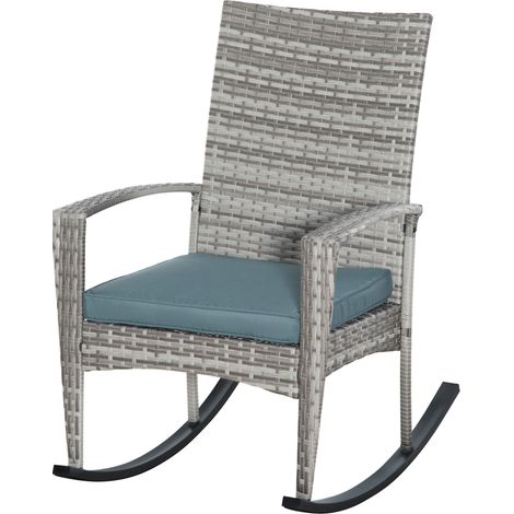 Fauteuil à bascule, chaise de jardin avec coussin, polyrotin et métal, gris, 66 x 88 x 98 cm (1/5)
