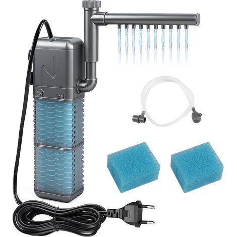Filtro per acquario regolabile 800 l/h 1,1 m, filtro interno per acquario 9 W con 2 spugne filtranti, pompa silenziosa per acquario con barra di spruzzo e cartuccia per acquari di piccole dimensioni d