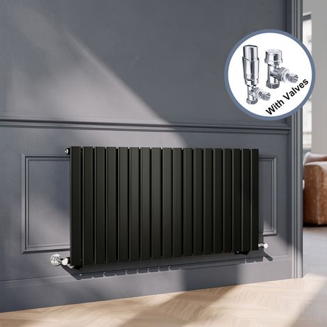 ELEGANT Black Flat Panel Central Heating Radiator with Chrome Angled Thermostatic Radiator Valves 600 x 1224mm Horizontal Single Panel Rads (1/5)