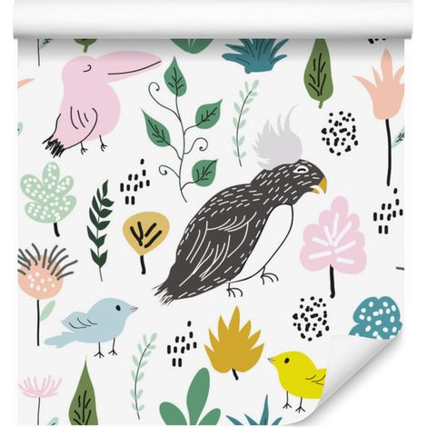 Carta da parati con uccelli colorati nella giungla per soggiorno e camera da letto, 50x1000 cm (1/5)